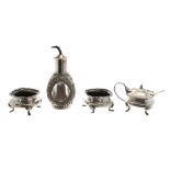 Wai Kee Chinese Export sterling cruet set comprising mounted glass condiment drizzler, 4.5" high,