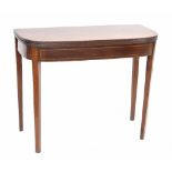 19th century mahogany D-end foldover tea table, the plain frieze upon square tapering legs inlaid