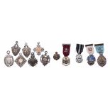 Seven assorted silver medallion fob badges, 3.9 oz t; also a selection of Masonic and other