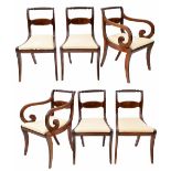 Good set of six Regency mahogany dining chairs, with acanthus carved and rope twist top rails over