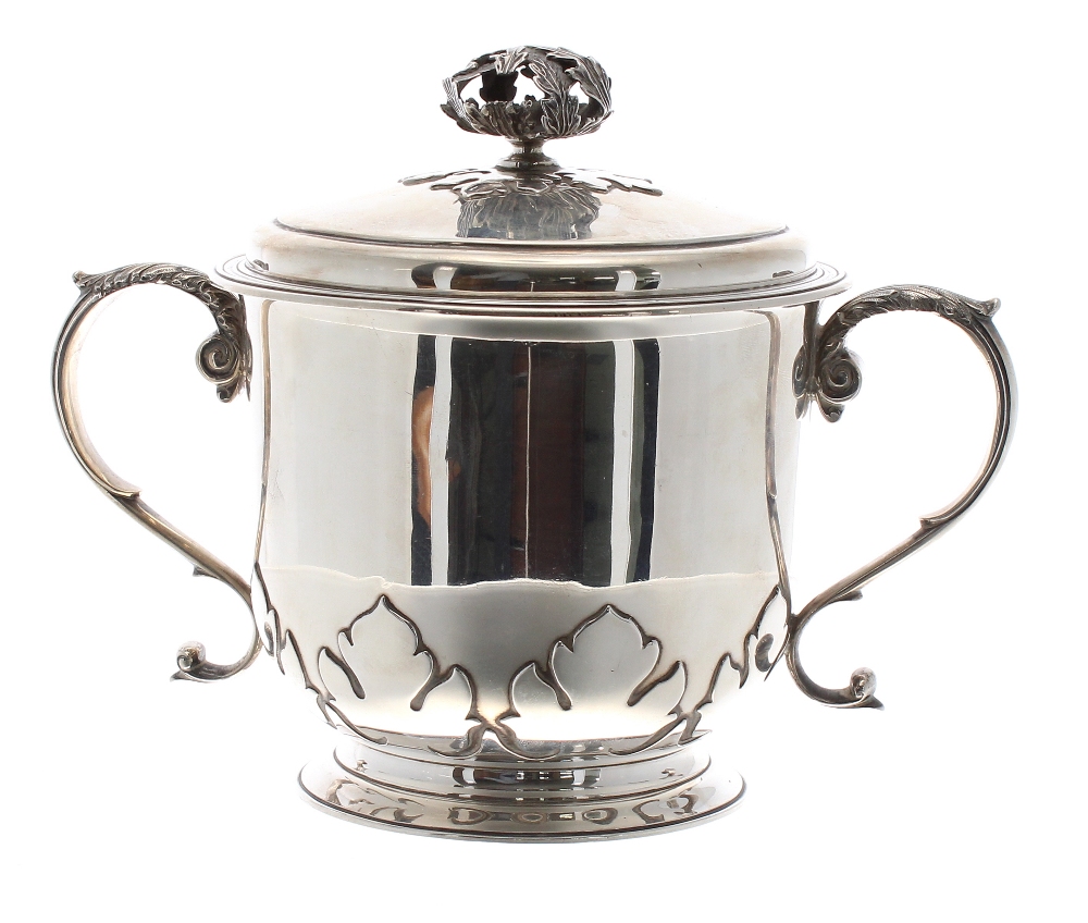 Large George V silver twin-handled porringer, with foliate motif lower border, leaf capped