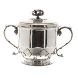 Large George V silver twin-handled porringer, with foliate motif lower border, leaf capped