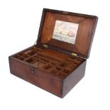 Interesting oak stationery/jewellery box, the hinged lid with fine brass inlay cartouche, fitted