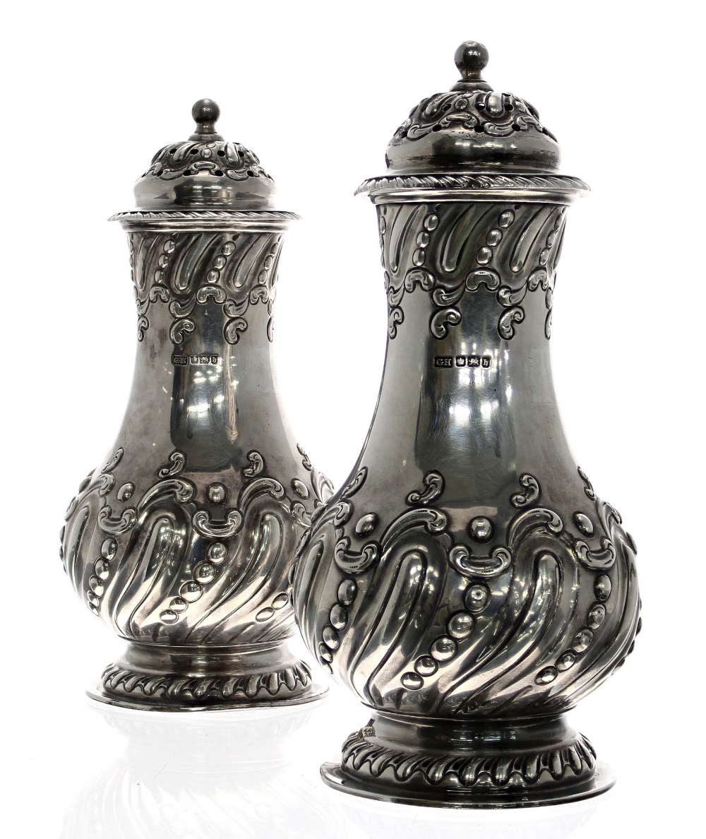 Good pair of late Victorian silver sugar casters, of wrythen fluted baluster form with scrolling - Image 2 of 4