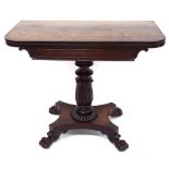 William IV rosewood foldover tea table, the D-end top upon a turned and sheathed carved column