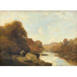 Circle of Henry Dawson Snr (19th century) - River scene with an angler, a castle in the distance,