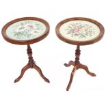 Pair of circular tripod occasional tables with inset woolwork glazed tops, 14.5" diameter, 21" high