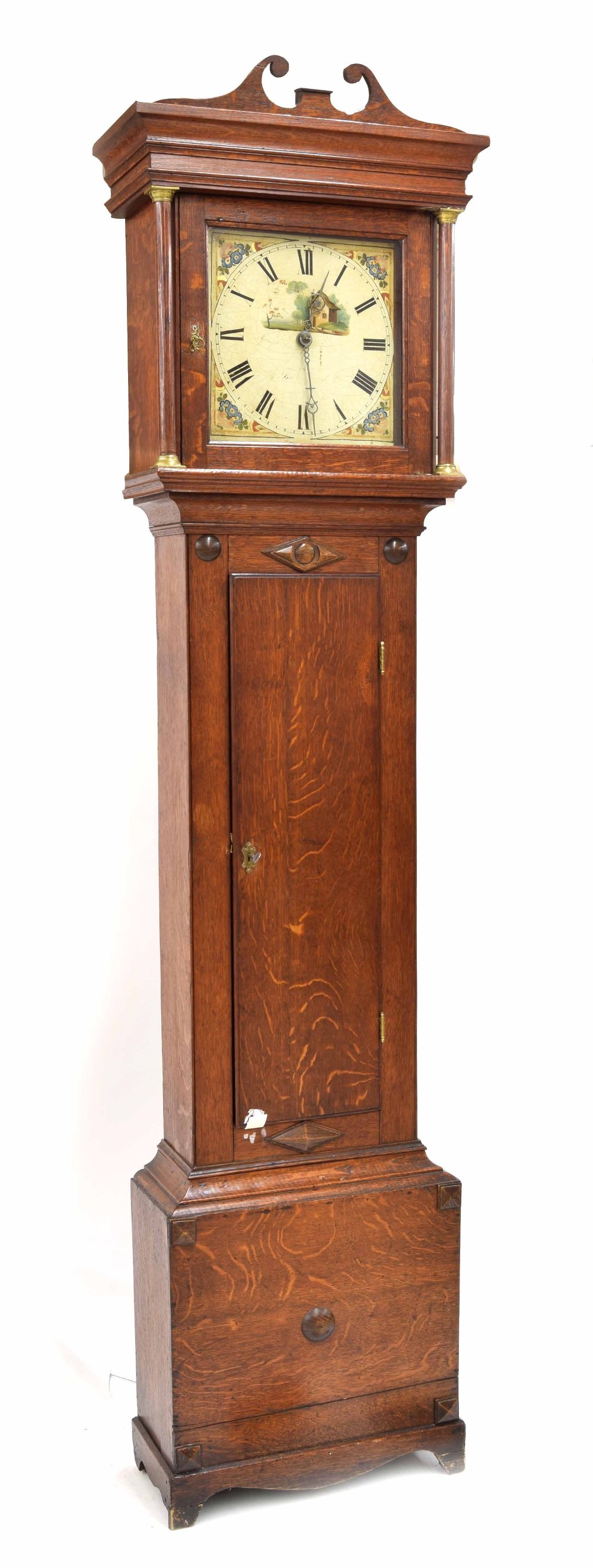 Early 19th century oak 30 hour longcase clock, the 11" square dial painted with a thatched