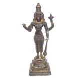 Indian bronze figure of Parwati the Hindu Goddess, parcel gilt, standing on a stepped plinth, 12"