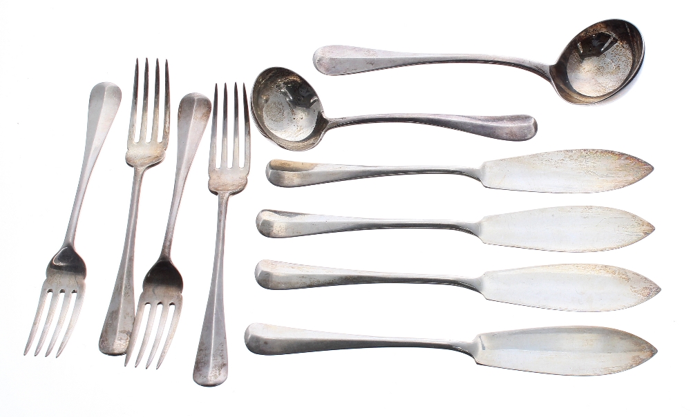 Four Josiah Williams & Co silver fish knives and forks, and a small sauce ladle, London 1934, knives