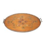 Attractive satinwood marquetry oval gallery tray, with pierced brass gallery and handles, 22"