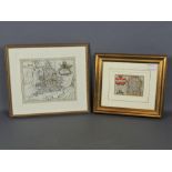 After Pieter Van den Keere -miniature map of Wiltshire, hand coloured, 4.7" x 3.5"; together with