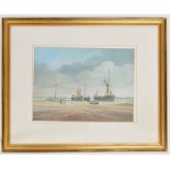 H* K* Kasparian (20th century) - 'Boats and Barges on Mud Flats', signed, also inscribed on an