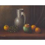 A* van Dorp (20th/21st century) - Still life of grapes, oranges and an apple with a jug and green