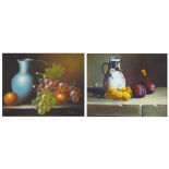 Simon (20th/21st century) - Still life of grapes, apples and a blue vase, signed, oil on canvas, 7.
