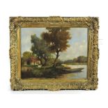 Late 19th century school - river scene, indistinctly signed, oil, 13.5" x 18", within a gilt frame