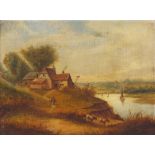 Continental School (19th century) - Two figures and cottage on a river bank, oil on canvas laid on