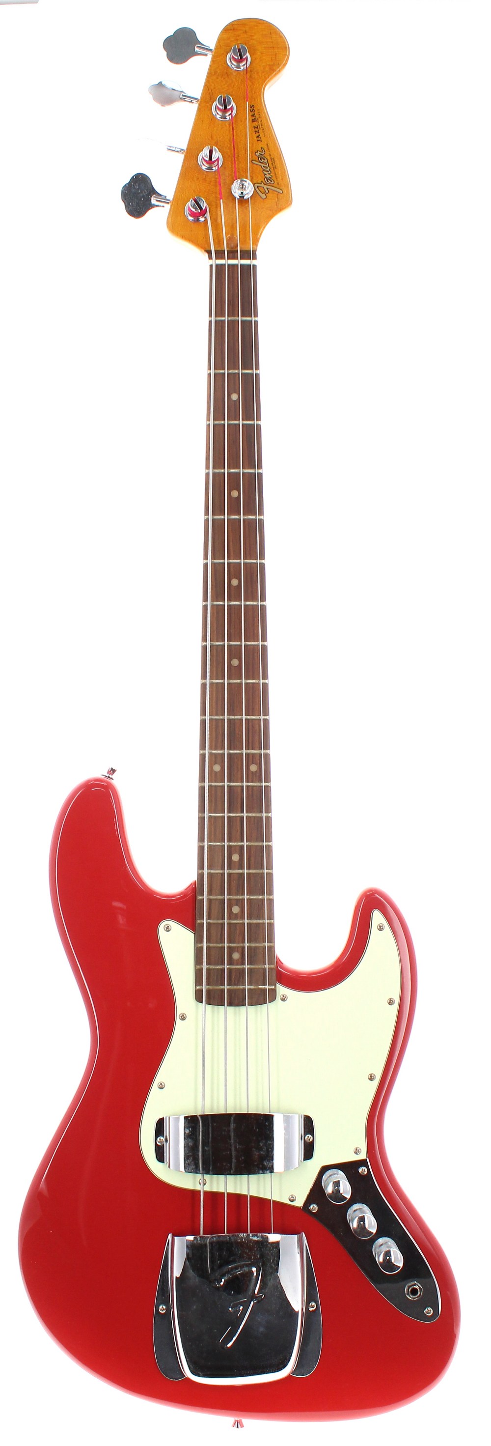 Jazz style bass guitar; Finish: Fiesta red, minor surface marks to back, paint chip to edge of