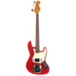 Jazz style bass guitar; Finish: Fiesta red, minor surface marks to back, paint chip to edge of