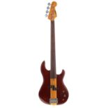 1980s Satellite fretless bass guitar; Finish: walnut with natural centre stripe, many scratches
