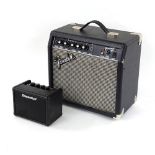 Blackstar Fly 3 watt mini guitar amplifier; together with a Fender Frontman 15G guitar amplifier (