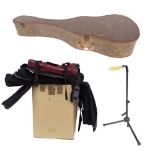 Vintage semi rigid acoustic guitar case, a guitar stand and ten various guitar soft bags