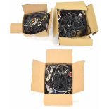 Three boxes of cables; including audio leads, Computer MIDI cables, kettle leads and power