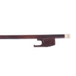 Baroque violin bow, the stick round, the ebony frog plain and with a turned bone adjuster, 45gm (