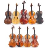 Viola and eight various violins, all in need of restoration (9)