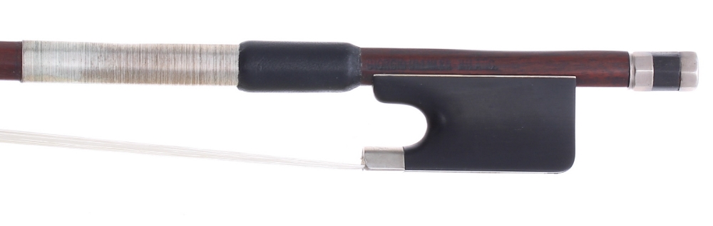 Silver mounted violin bow by and stamped Giorgio... Milano, the stick round, the ebony frog plain