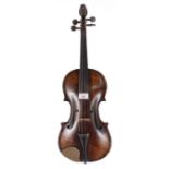 Interesting 19th century double purfled German violin, carved in relief to the back lower bouts with