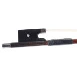 German silver mounted violin bow by and stamped C.A. Hoyer, the stick round, the ebony frog inlaid