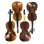 Four various old full size violins (4)