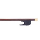 Baroque violin bow, with hammer head, the stick round, the ebony frog plain and with a bone