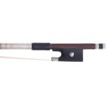 French nickel mounted violin bow, unstamped, the stick round, the ebony frog inlaid with pearl