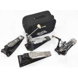 Yamaha bass drum pedal, with carry case; also a Pearl bass drum pedal with double drum attachment,