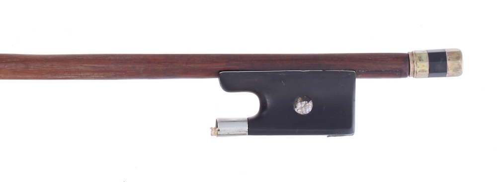 French nickel mounted violin bow stamped Stentor, the stick round, the ebony frog inlaid with