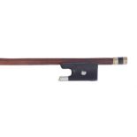 French nickel mounted violin bow stamped Stentor, the stick round, the ebony frog inlaid with