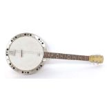 1950s German guitar banjo, probably by Framus, with gold resonator back and gold sparkle head, 11"
