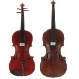 Mid 20th century Stradivari copy violin branded Conservatory Violin behind the peg box, 14 3/16",