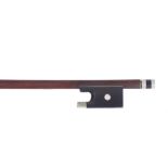 Nickel mounted violin bow, the stick round, the ebony frog inlaid with pearl eyes and the ebony