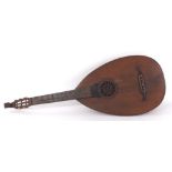 Early 20th century German six string lute guitar in need of restoration, soft bag
