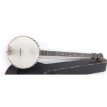 1930s John Grey & Sons five string banjo with detachable metal resonator back, 11" diameter skin and