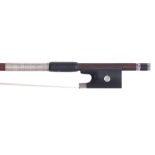 German silver mounted violin bow, unstamped, the stick octagonal, the ebony frog inlaid with pearl