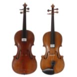 Late 19th century Maggini copy violin, 14 1/8", 35.90cm; also a three-quarter size Maggini copy