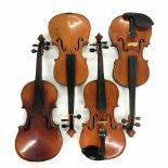 Four various old three-quarter size violins (4)