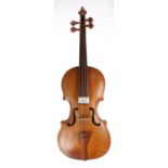 Interesting Baroque style violin labelled Nostrator Divas...1900, 14 3/8", 36.50cm