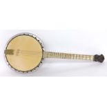 1930s Broadcaster nineteen fret tenor resonator banjo, pearloid finish to the rim and fingerboard,