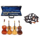 Contemporary three-quarter size violin, three half size violins and a bag of various tailpieces;