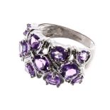 Modern fancy 9ct white gold amethyst dress ring, width 13mm, 4.6gm, ring size K